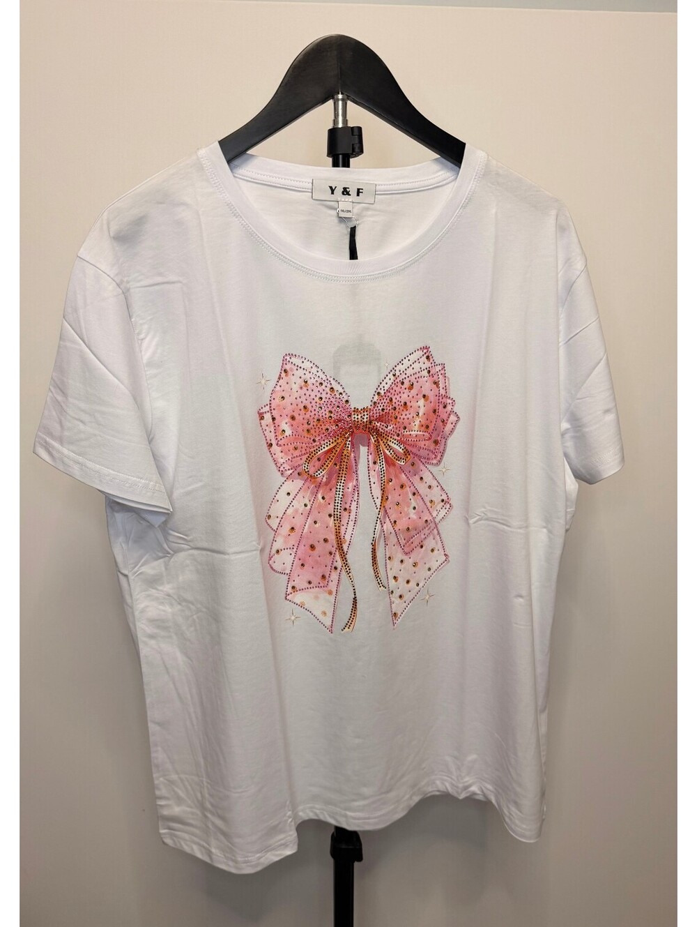 Y & F White T-Shirt with Pink Bow Rhinestone Design Size XL/2XL